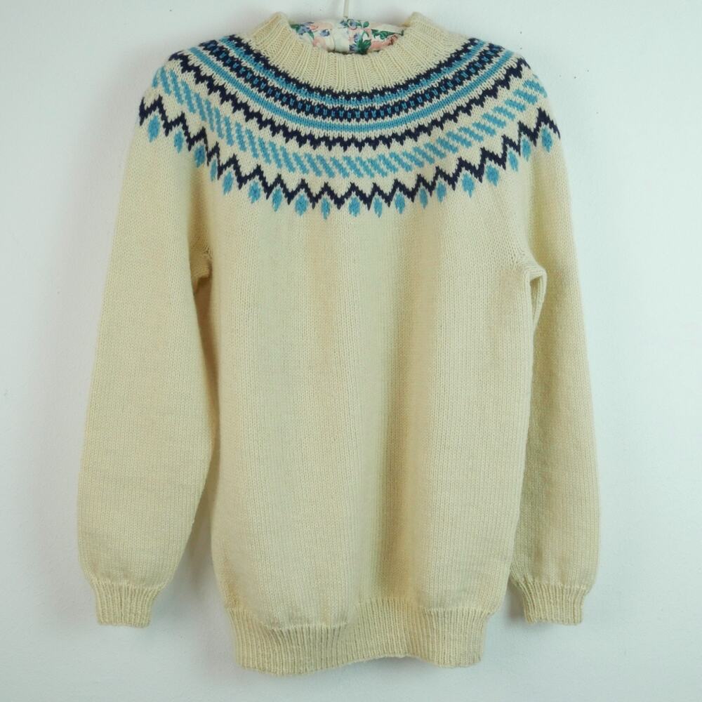 Vintage Heavy Wool Fair Isle Pullover Sweater Handmade Preppy Fisherman Ski Cozy